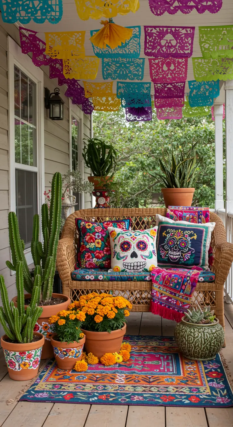 Sofá de mimbre en un porche decorado con cojines de calaveras, cactus y papel picado.