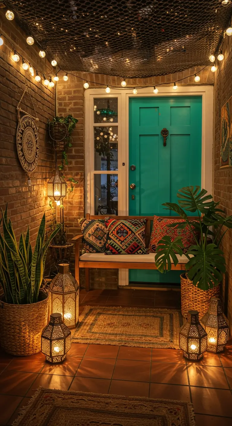 Entrada bohemia con puerta turquesa, faroles marroquíes, cojines étnicos y plantas frondosas.