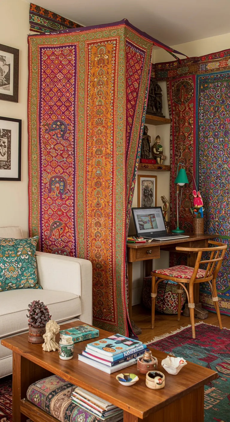 Oficina bohemia oculta detrás de coloridos textiles indios colgados como cortinas.