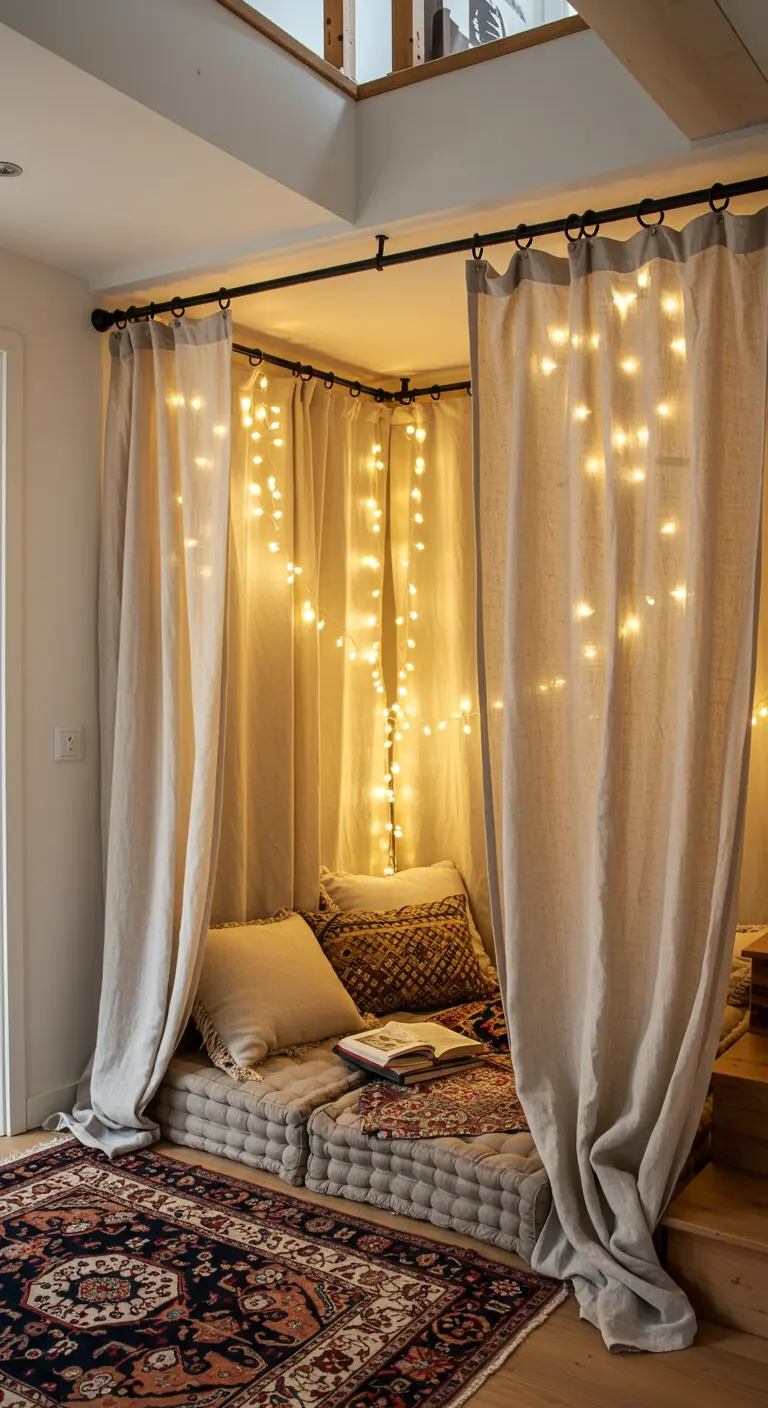 Espacio de lectura bohemio con cojines en el suelo, cortinas de lino y luces de hadas