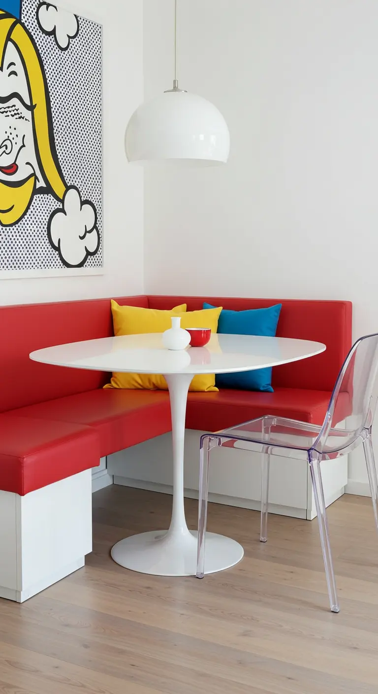 Comedor Pop Art con banco de polipiel rojo, mesa blanca y cuadro estilo Lichtenstein.