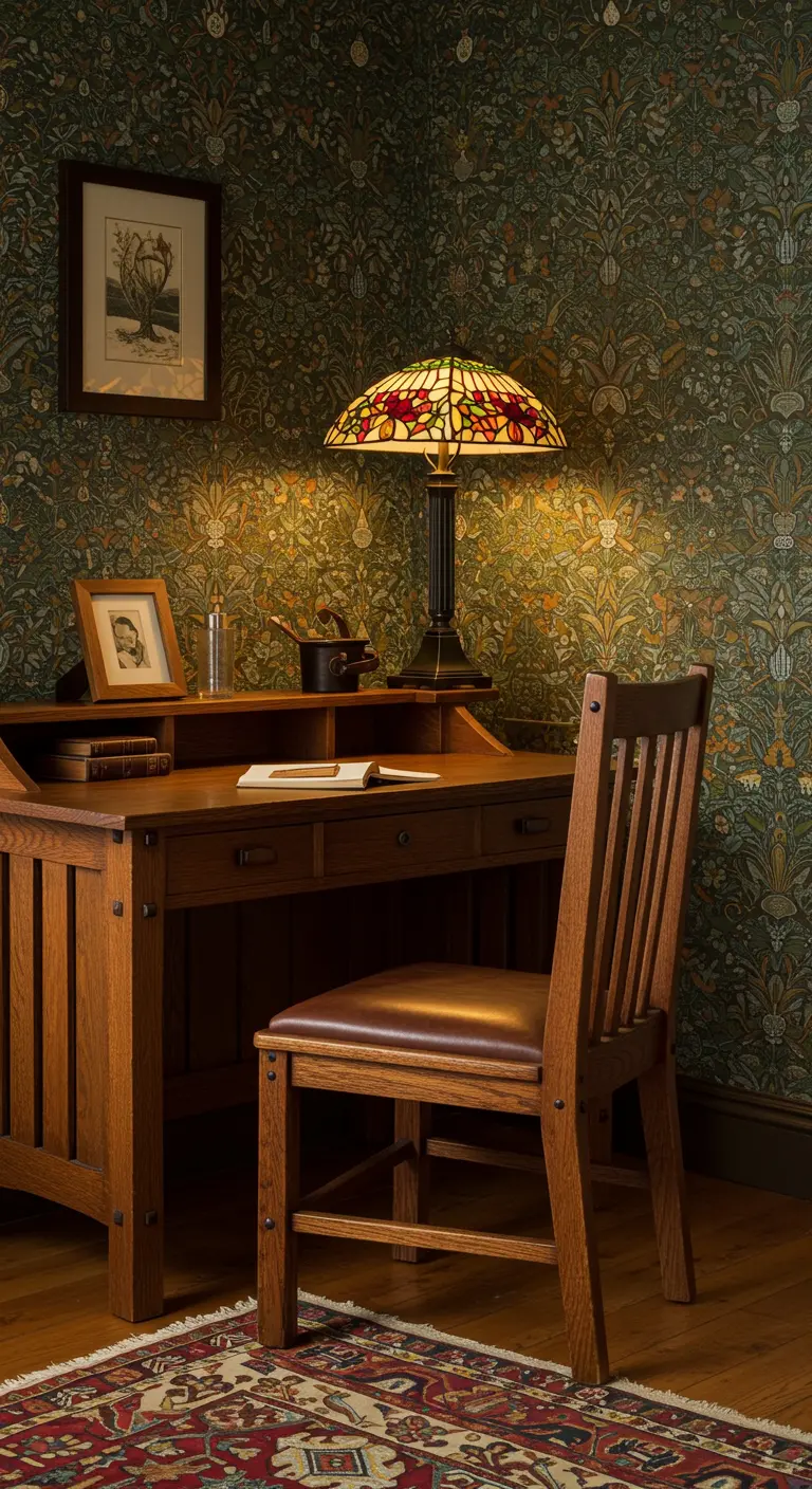 Estudio de estilo Arts and Crafts con papel pintado floral, escritorio de roble y una lámpara Tiffany.