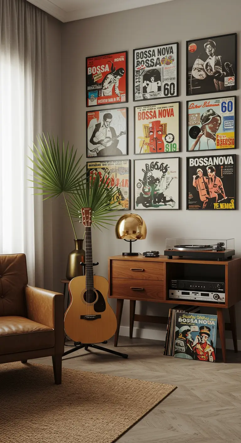 Rincón de música con una pared llena de portadas de discos de Bossa Nova y un tocadiscos.