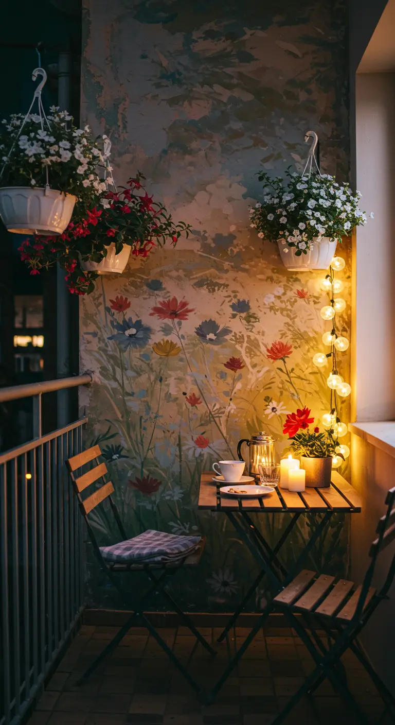 Balcón pequeño y acogedor con un mural de flores, una mesa y sillas plegables, y luces cálidas.