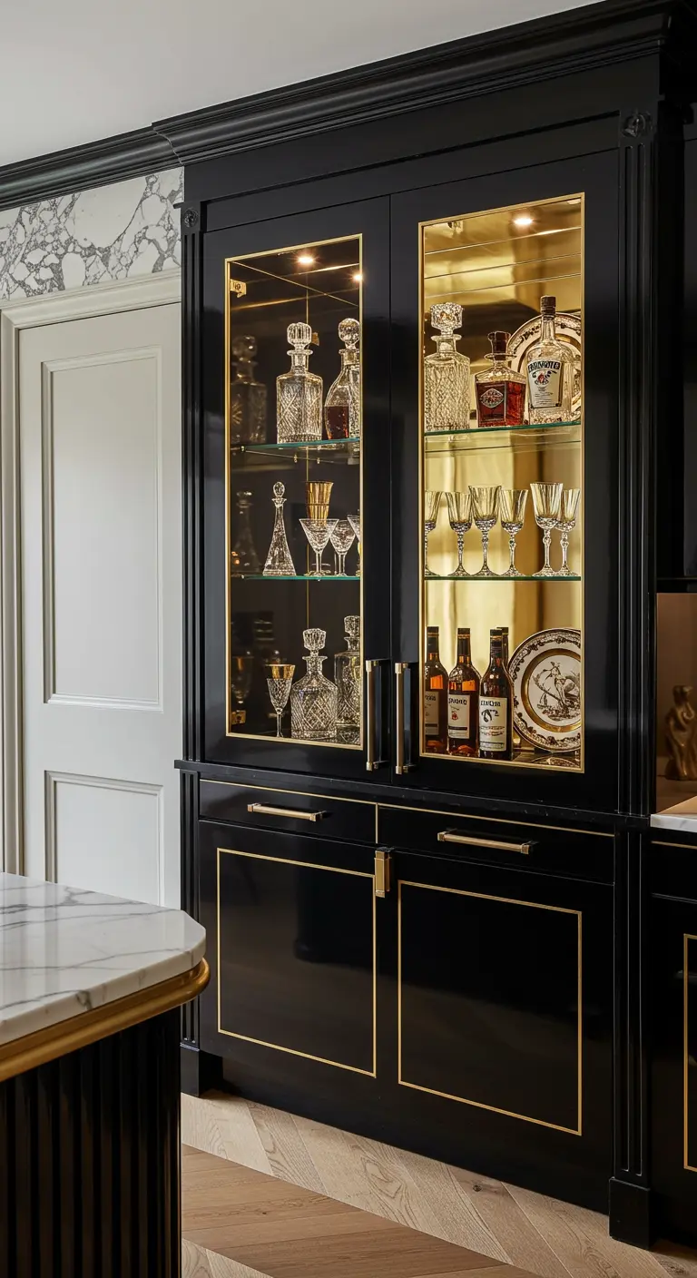 Vitrinas negras con interior dorado espejado, exhibiendo una colección de botellas de licor y cristalería.
