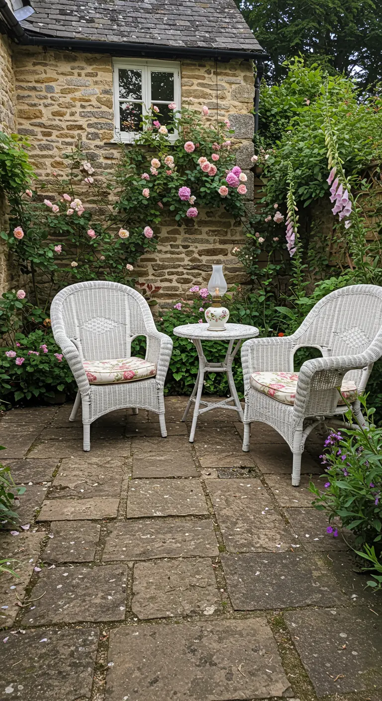 Patio de piedra con dos sillones de mimbre blanco, cojines florales y una lámpara de aceite