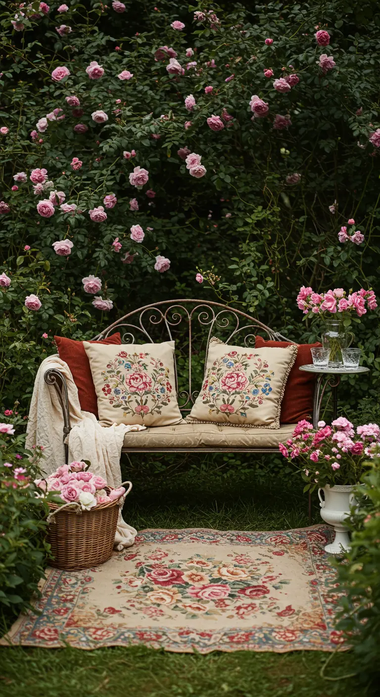 Rincón romántico en un jardín de rosas con banco de forja y cojines y alfombra florales.