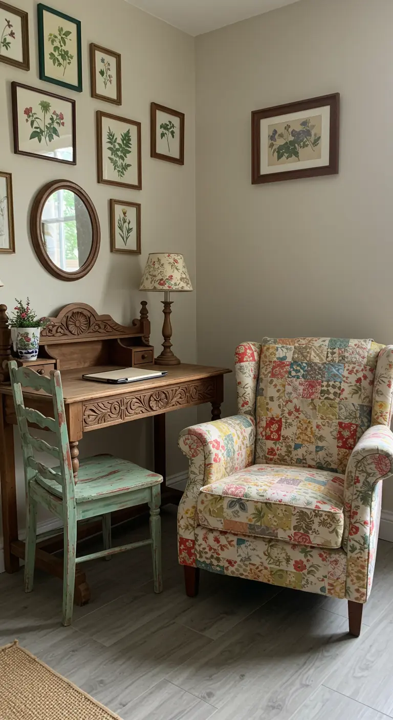 Rincón de trabajo vintage con escritorio de madera tallada y sillón con estampado floral.