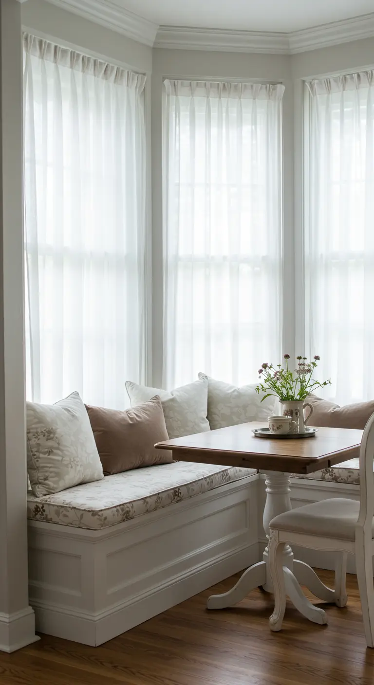 Rincón de desayuno luminoso con banco blanco, cojines florales y cortinas transparentes.