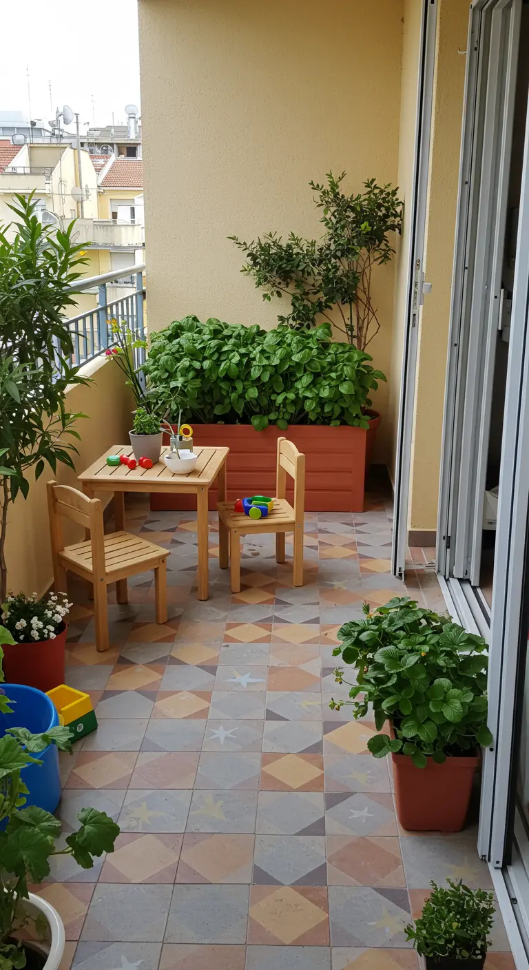 Balcón familiar con azulejos de estrellas, una pequeña mesa de madera para niños y plantas de fresas.