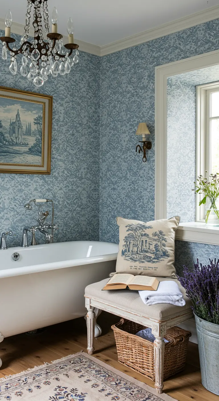 Baño de estilo provenzal con papel pintado azul, bañera con patas y un banco tapizado.