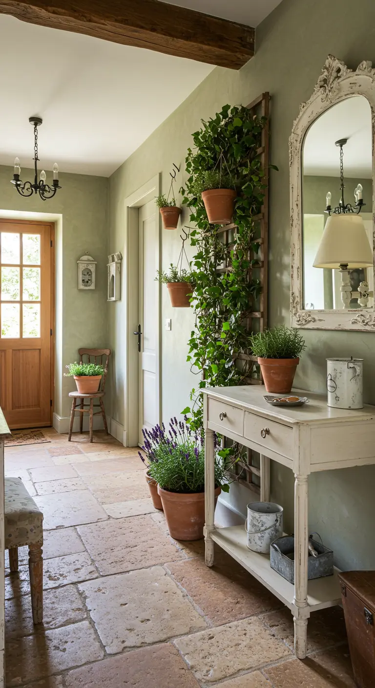 Recibidor de estilo provenzal con plantas trepadoras en espaldera y un espejo vintage.