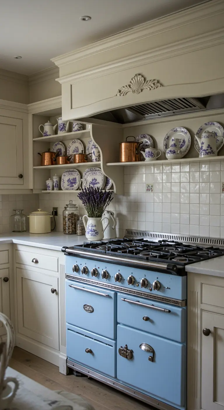 Cocina de estilo provenzal con cocina de gas azul, armarios blancos y vajilla de porcelana.