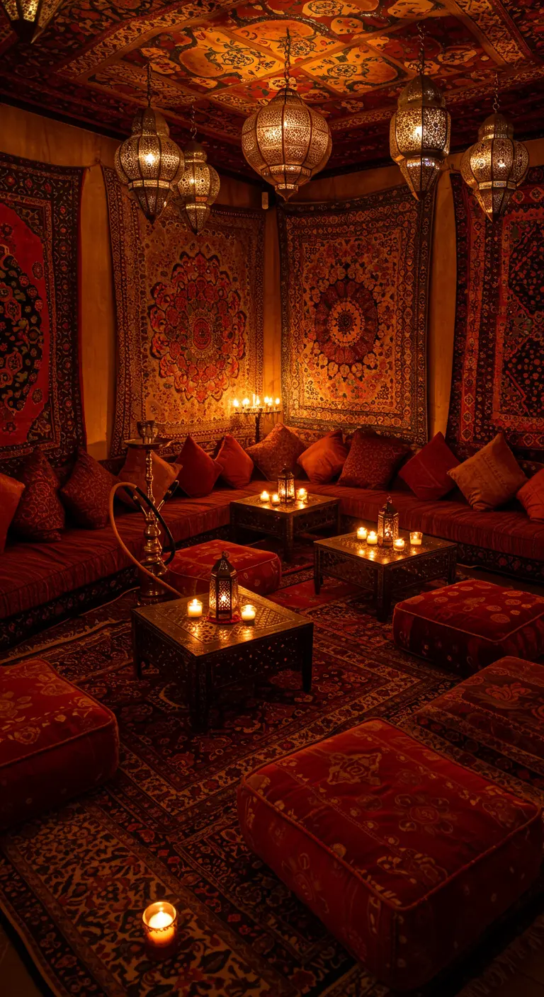Rincón acogedor con tapices, cojines rojos, alfombras persas y lámparas marroquíes.
