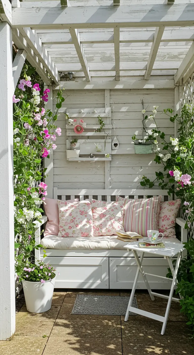 Rincón acogedor bajo una pérgola blanca con un banco de madera, cojines florales y plantas trepadoras.