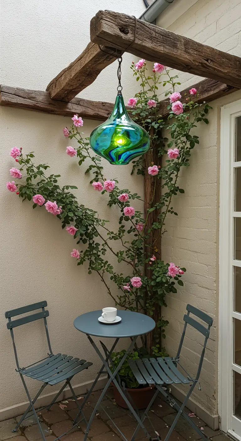 Pequeño patio con un rosal trepador, una mesita y un farol colgante de vidrio artístico