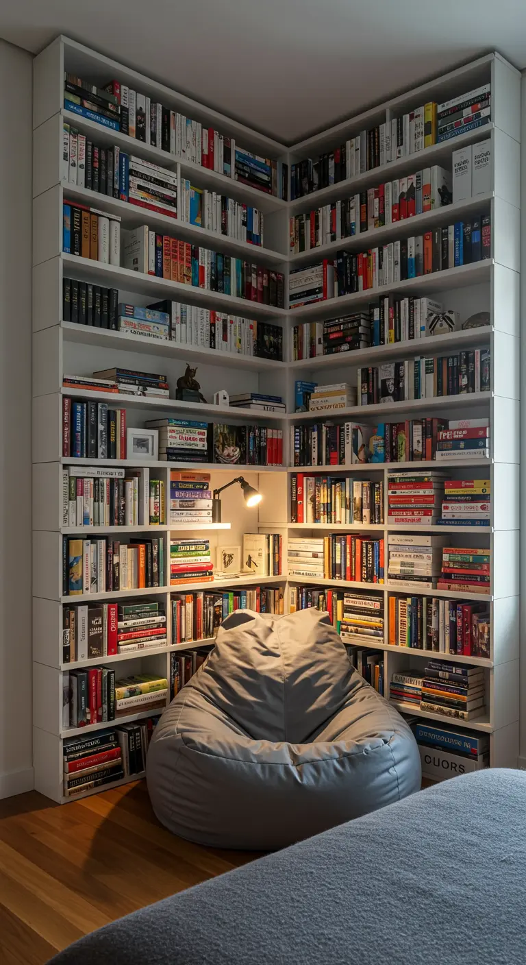 Esquina de una habitación con estanterías blancas del suelo al techo llenas de libros y un puf gris.