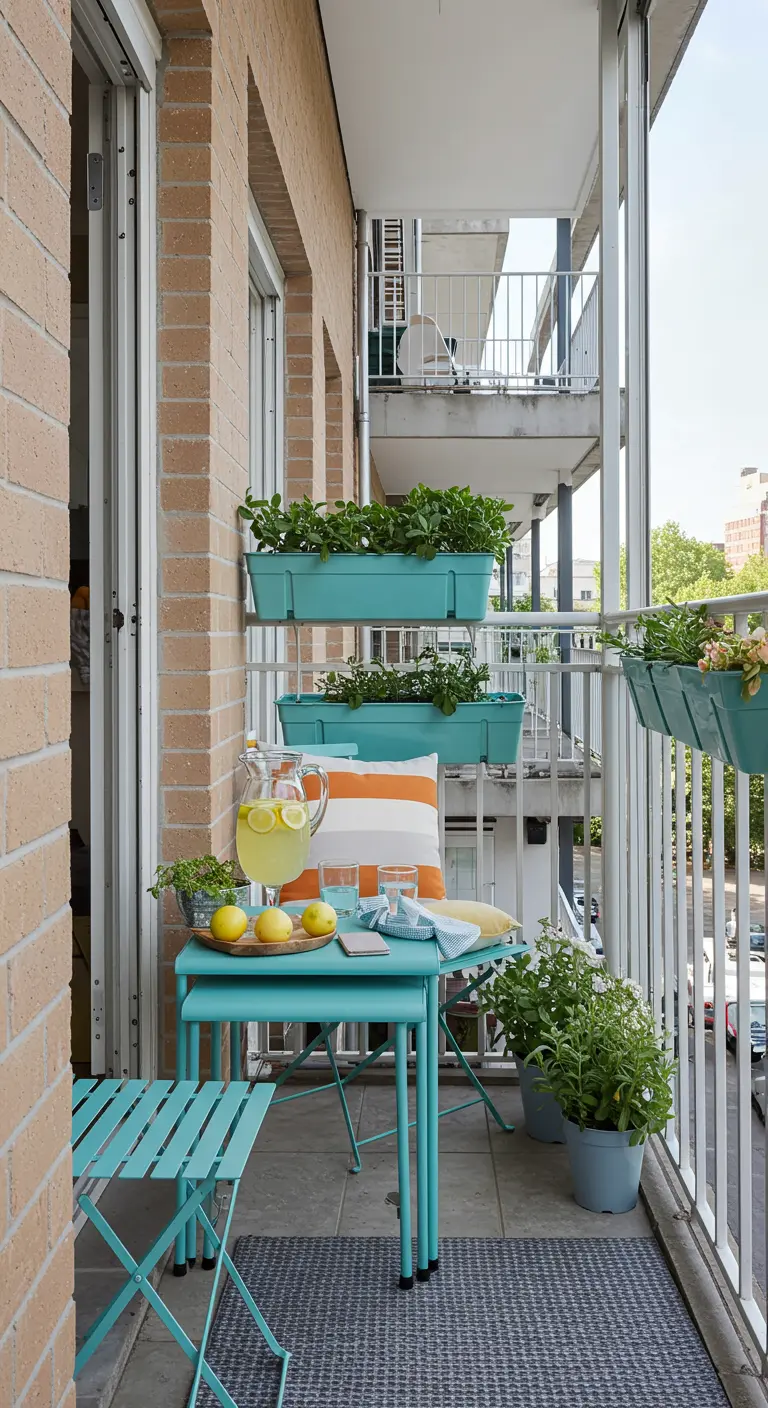 Mesas nido de metal turquesa en un balcón pequeño con plantas y limonada