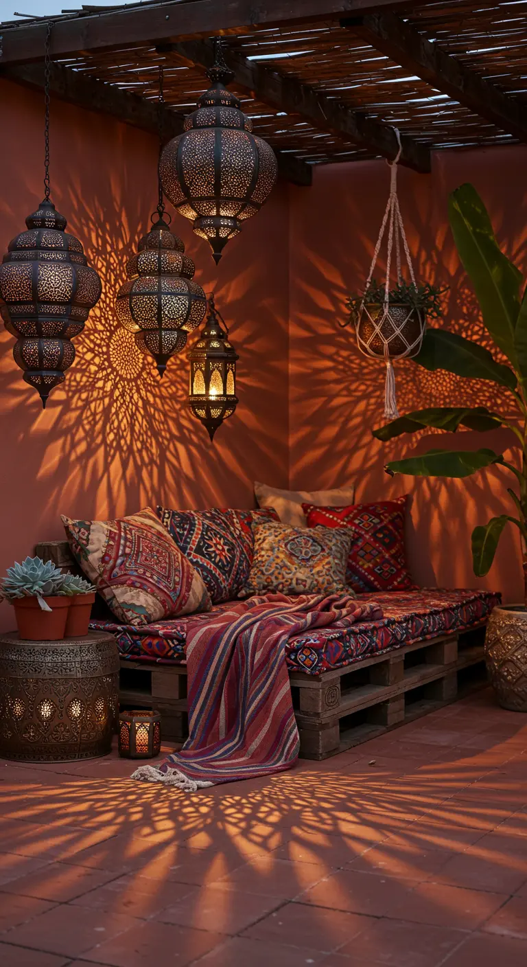 Patio de estilo marroquí con un sofá de palets, cojines coloridos y faroles que proyectan sombras.