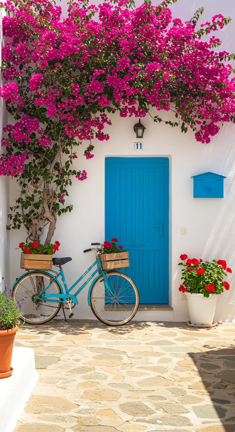 Bicicleta azul junto a una puerta azul y pared blanca, con buganvillas y geranios rojos
