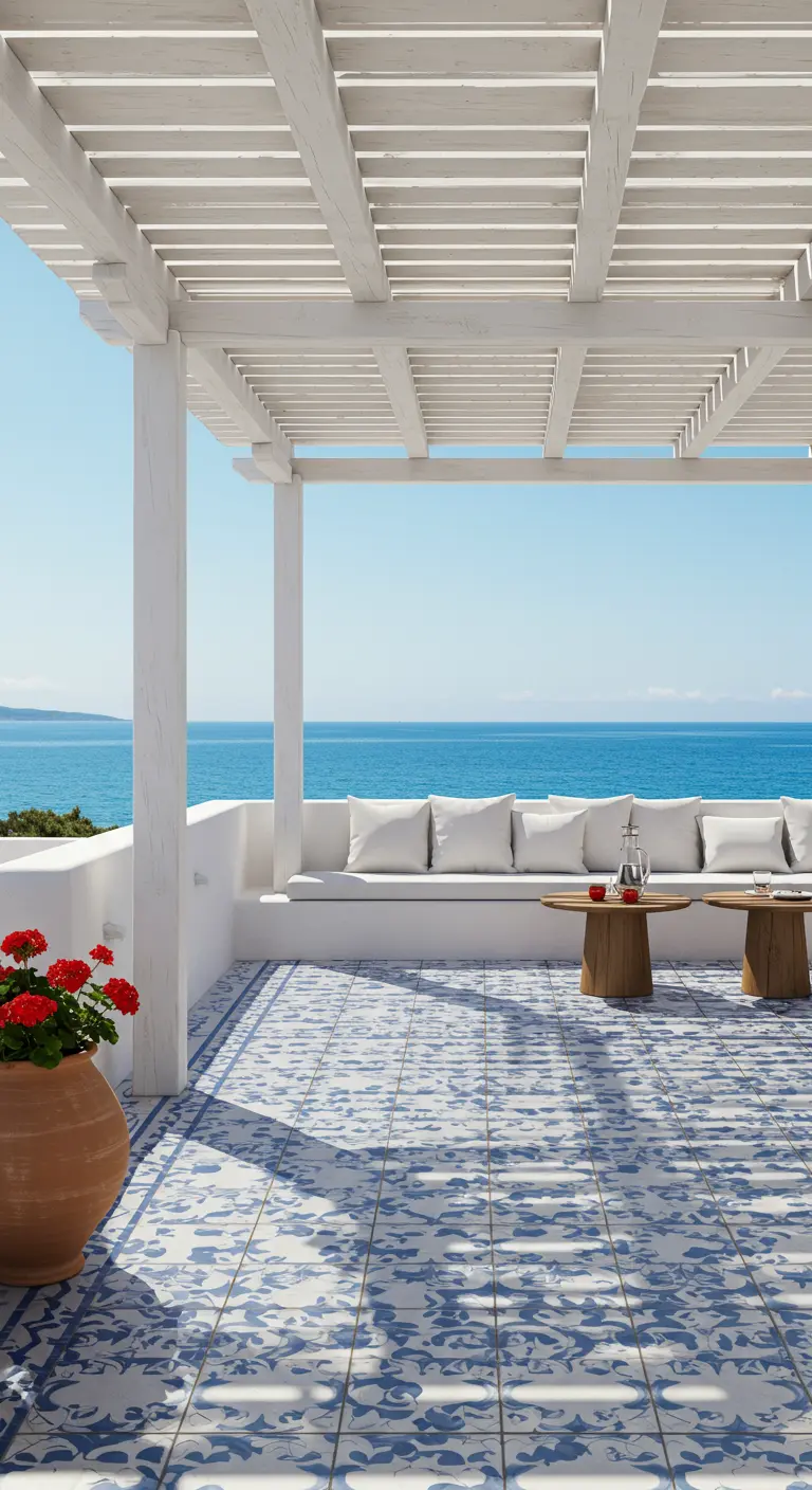Terraza con pérgola blanca, suelo de baldosas azules y blancas, y vistas al mar azul.