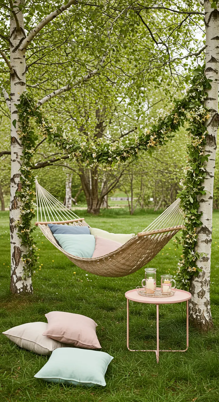 Hamaca colgada entre dos abedules, con una guirnalda de flores blancas sobre ella.
