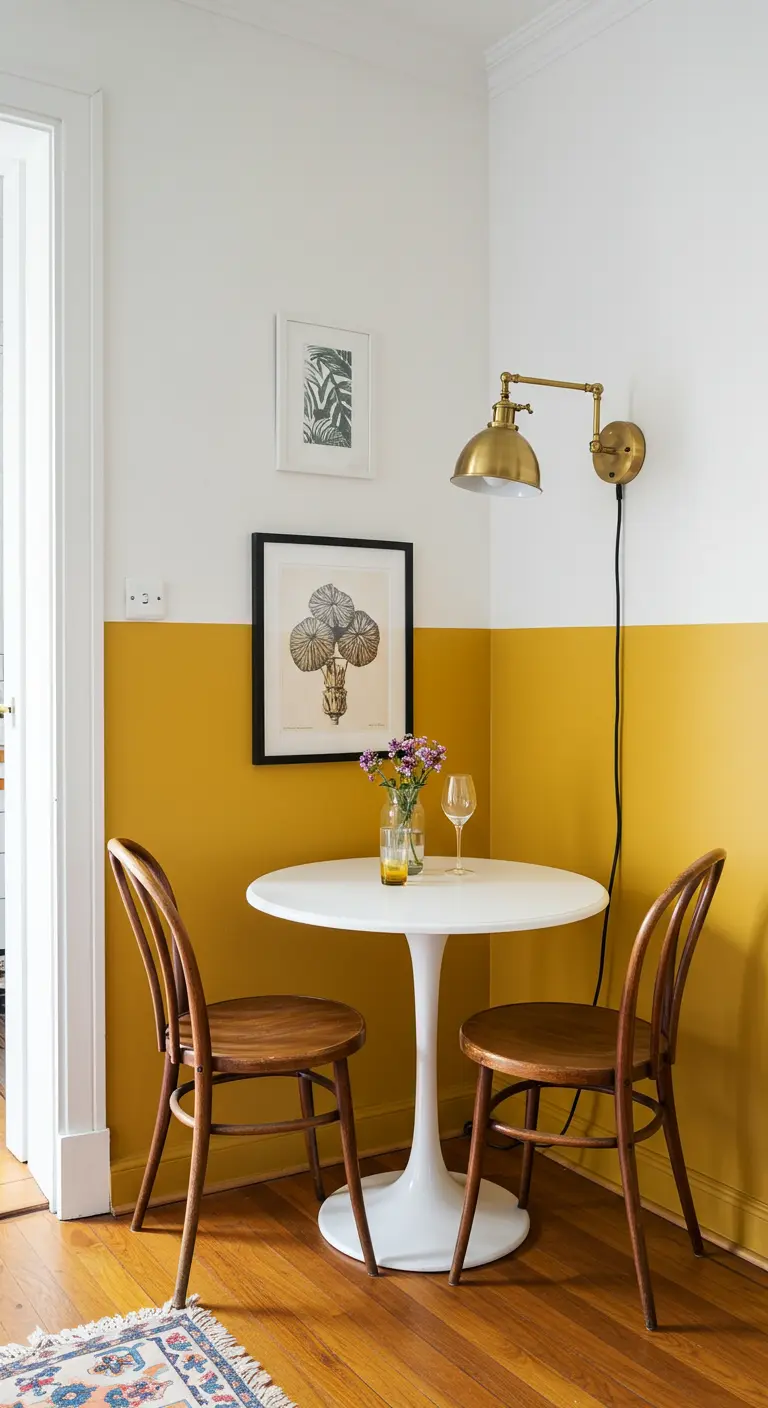 Rincón de desayuno con pared pintada a media altura en amarillo mostaza y una pequeña mesa redonda.