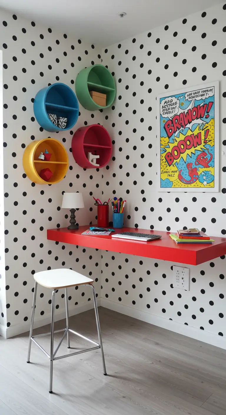 Oficina de estilo pop art con pared de lunares, escritorio rojo y estantes circulares de colores.