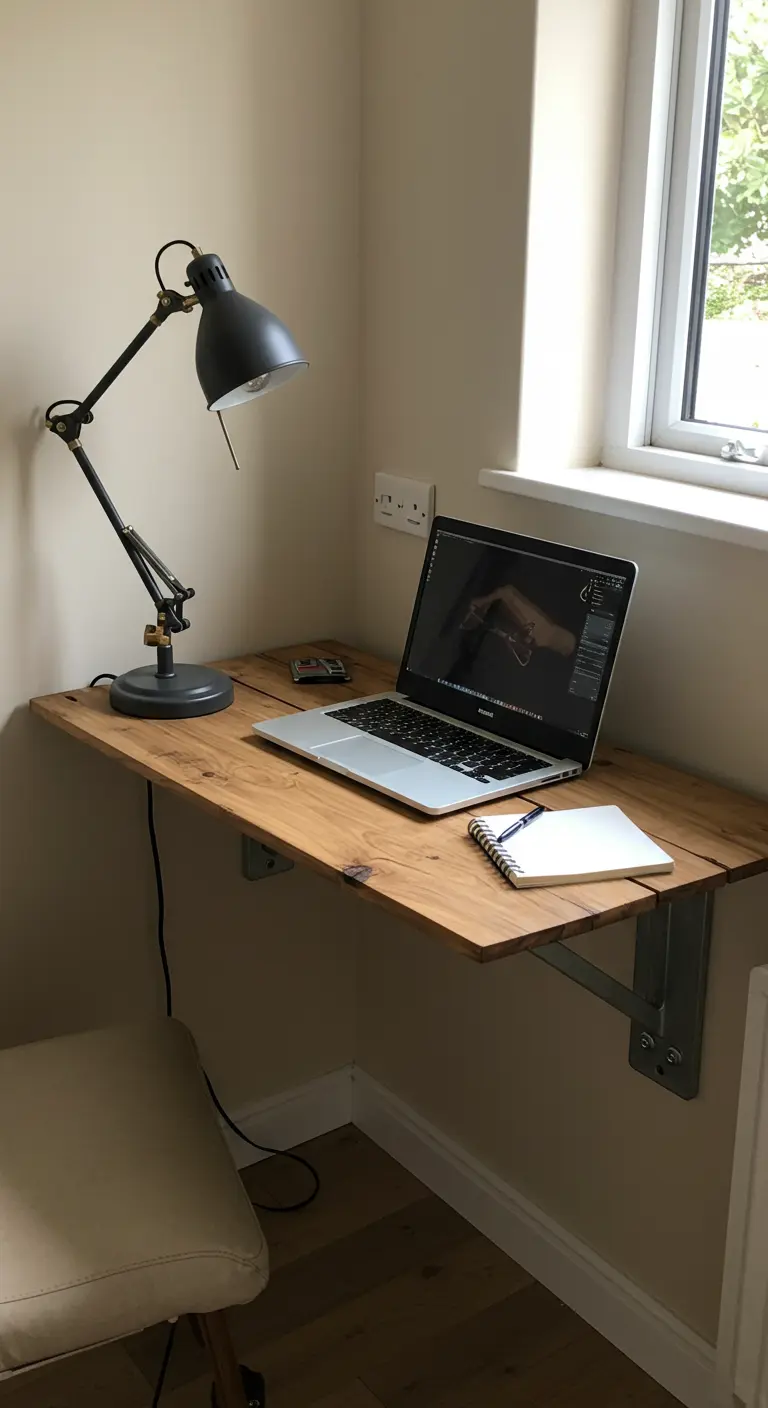 Escritorio flotante de madera plegable instalado en una esquina junto a una ventana