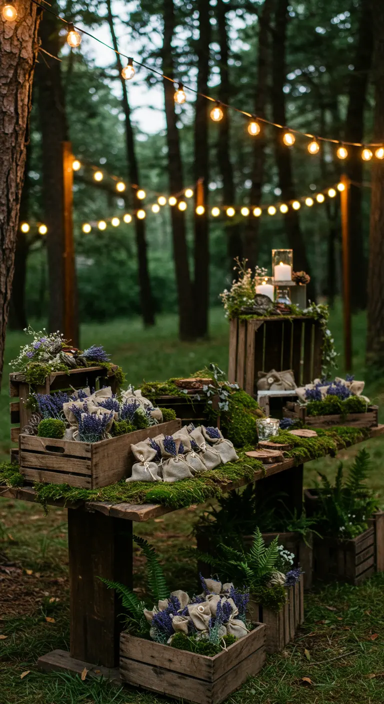 Mesa en el bosque con cajas de madera, musgo y bolsitas de lavanda rústicas.
