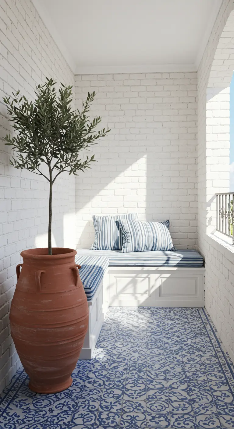 Balcón de estilo mediterráneo con azulejos azules, banco blanco y un olivo.