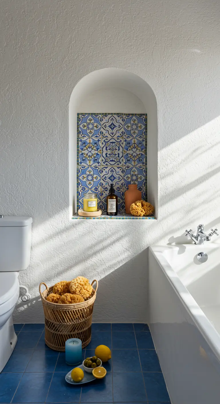 Nicho en arco con azulejos mediterráneos, vela amarilla, esponjas y una cesta de mimbre.