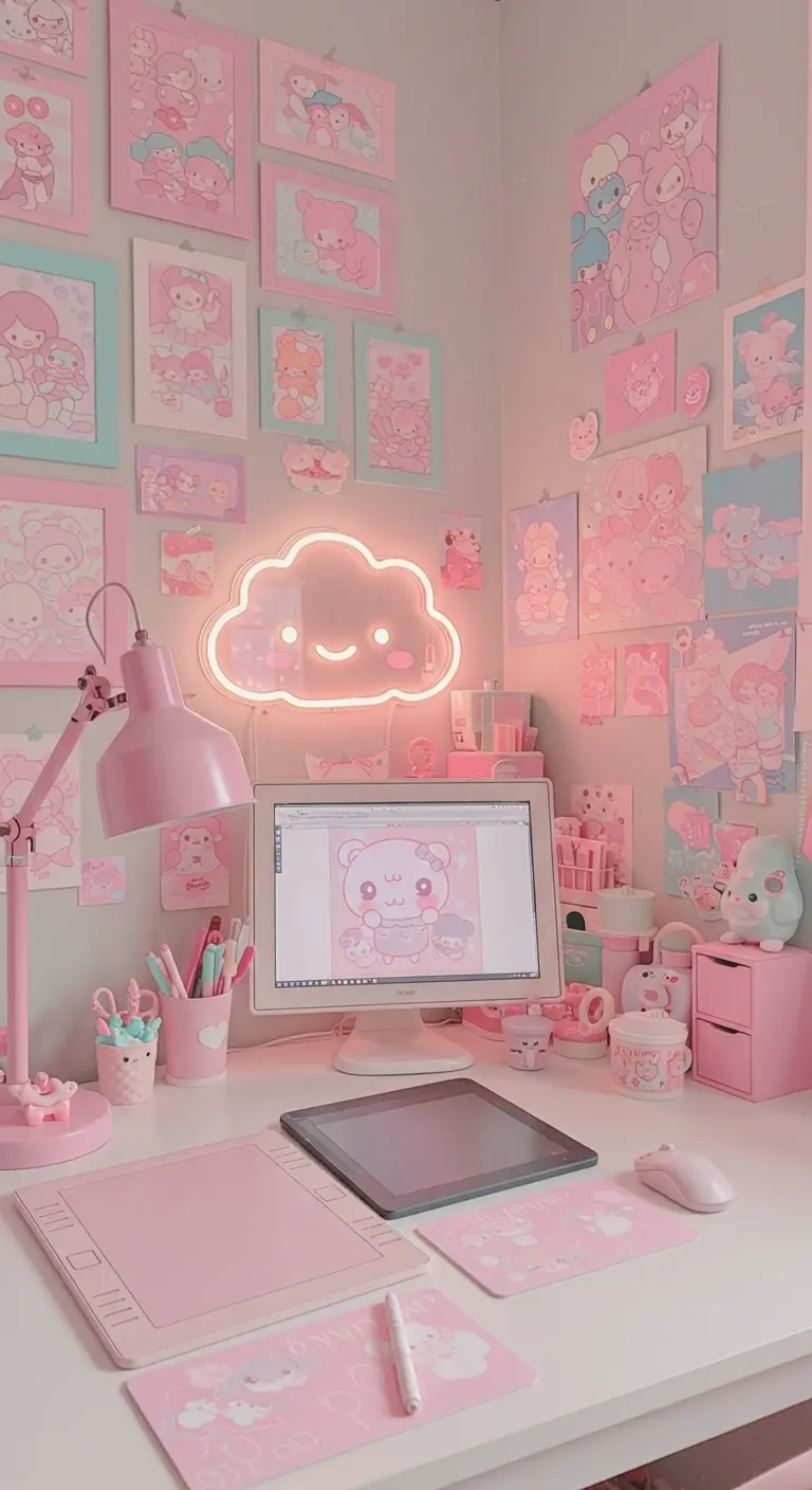 Escritorio de temática kawaii en tonos pastel con un neón en forma de nube sonriente.