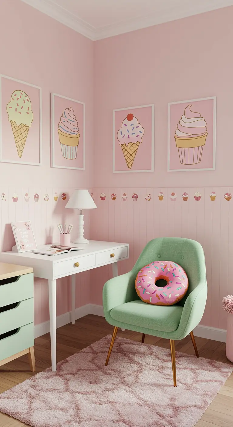 Habitación rosa con escritorio blanco, silla verde menta y cuadros de helados.