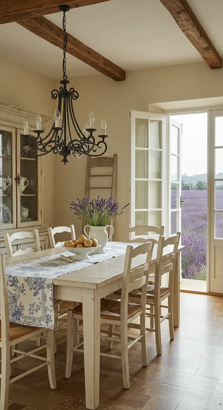 Comedor de estilo provenzal con mesa blanca, camino de flores y vistas a un campo de lavanda.