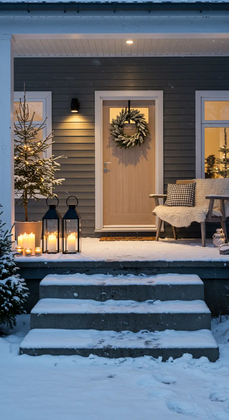 Porche nevado con un sillón, farolillos con velas, un pequeño abeto y una corona en la puerta.