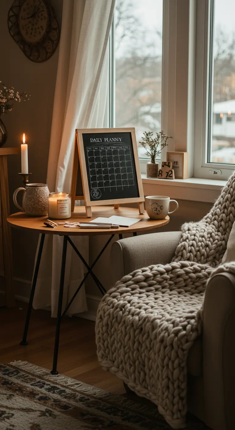 Rincón de lectura acogedor con una pequeña pizarra, una vela encendida y una manta de punto grueso.