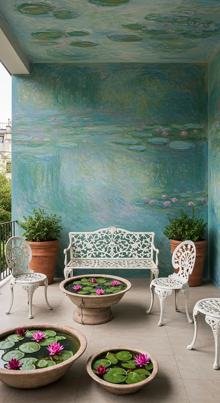 Patio con un mural inspirado en los Nenúfares de Monet y cuencos con agua y flores.