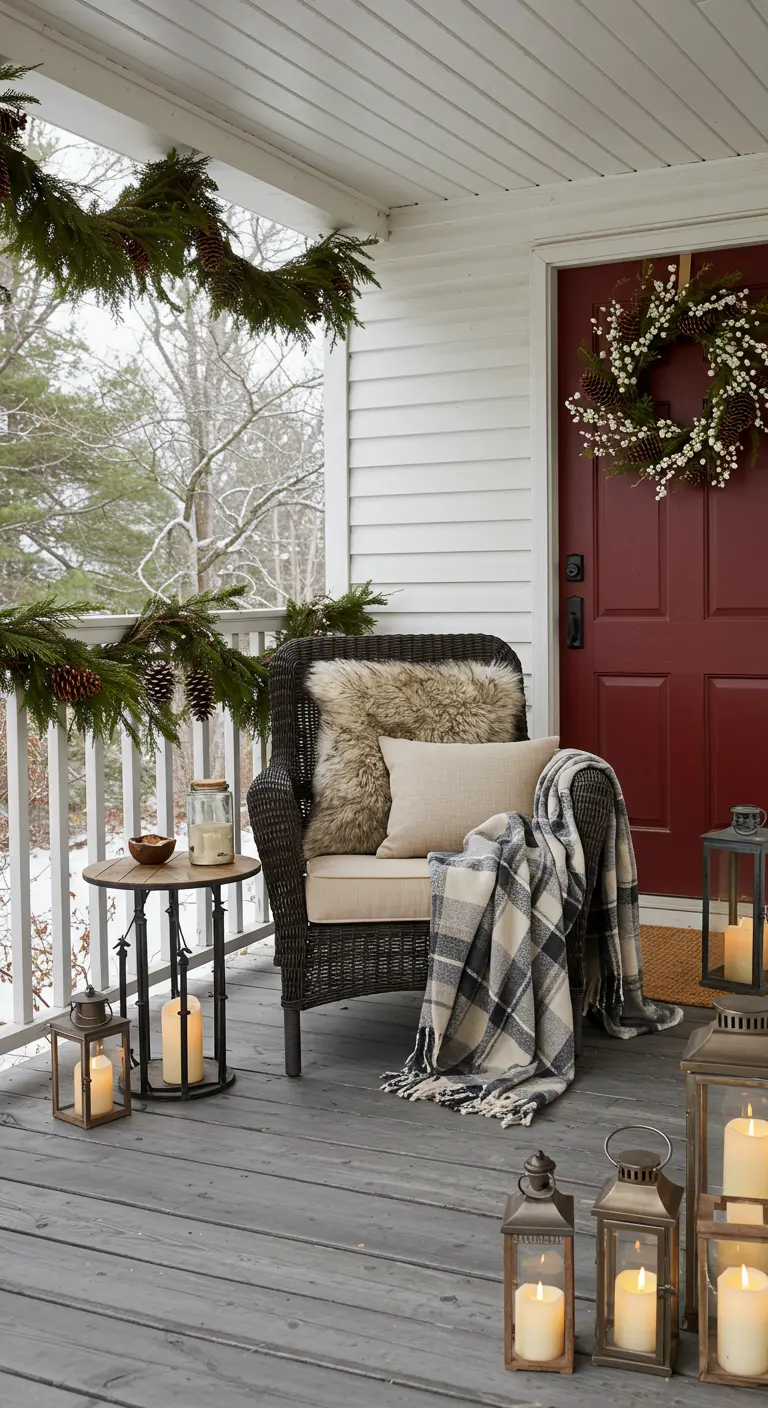 Porche de invierno con sillón de mimbre, mantas, piel de oveja, guirnaldas de pino y faroles.