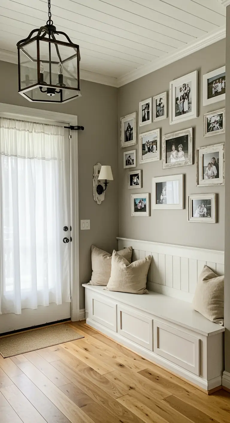 Recibidor de estilo farmhouse con banco blanco, galería de fotos familiares y cortina fruncida.