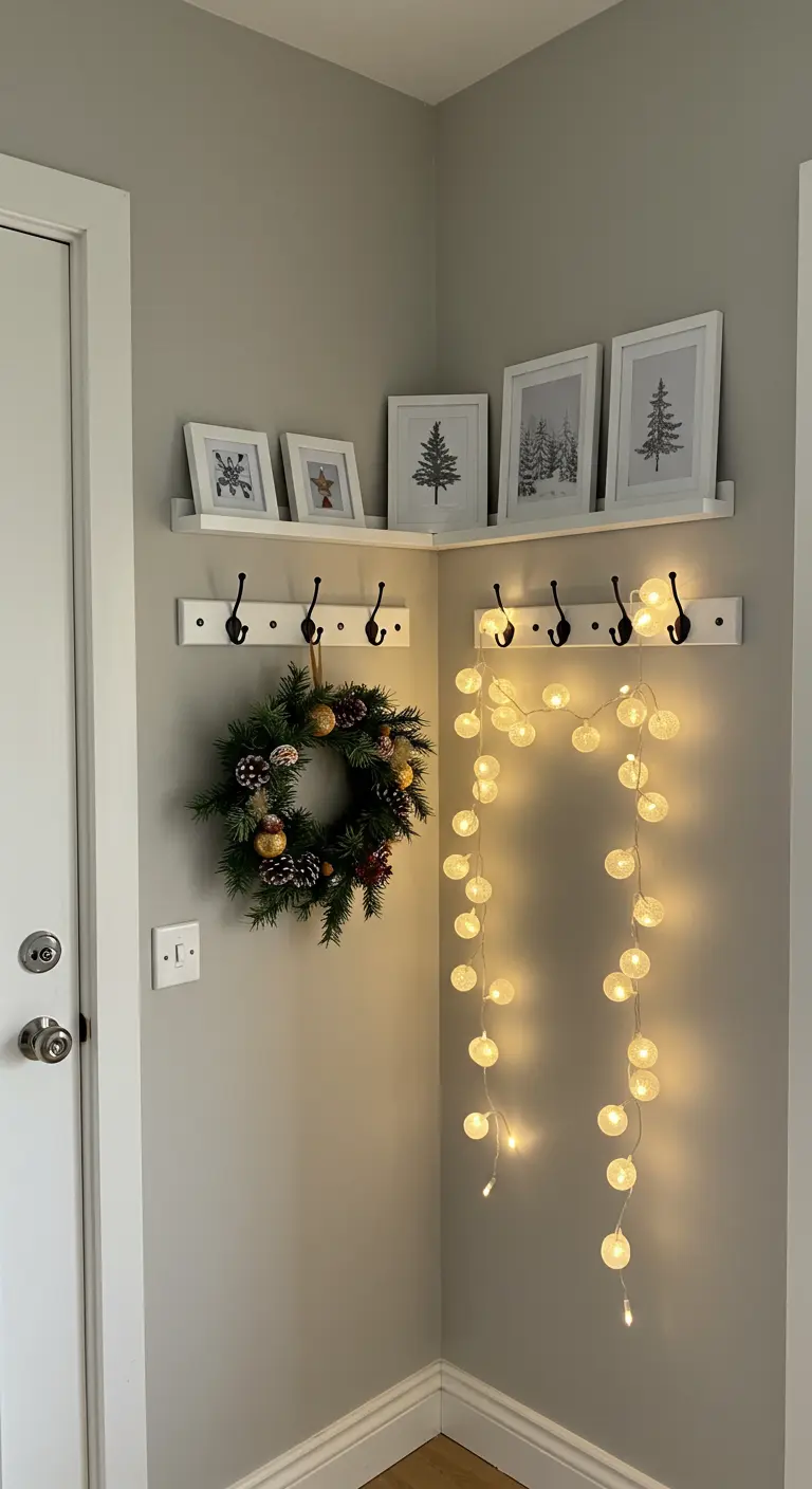 Esquina de un pasillo decorada para Navidad con percheros, una corona y una guirnalda de luces.