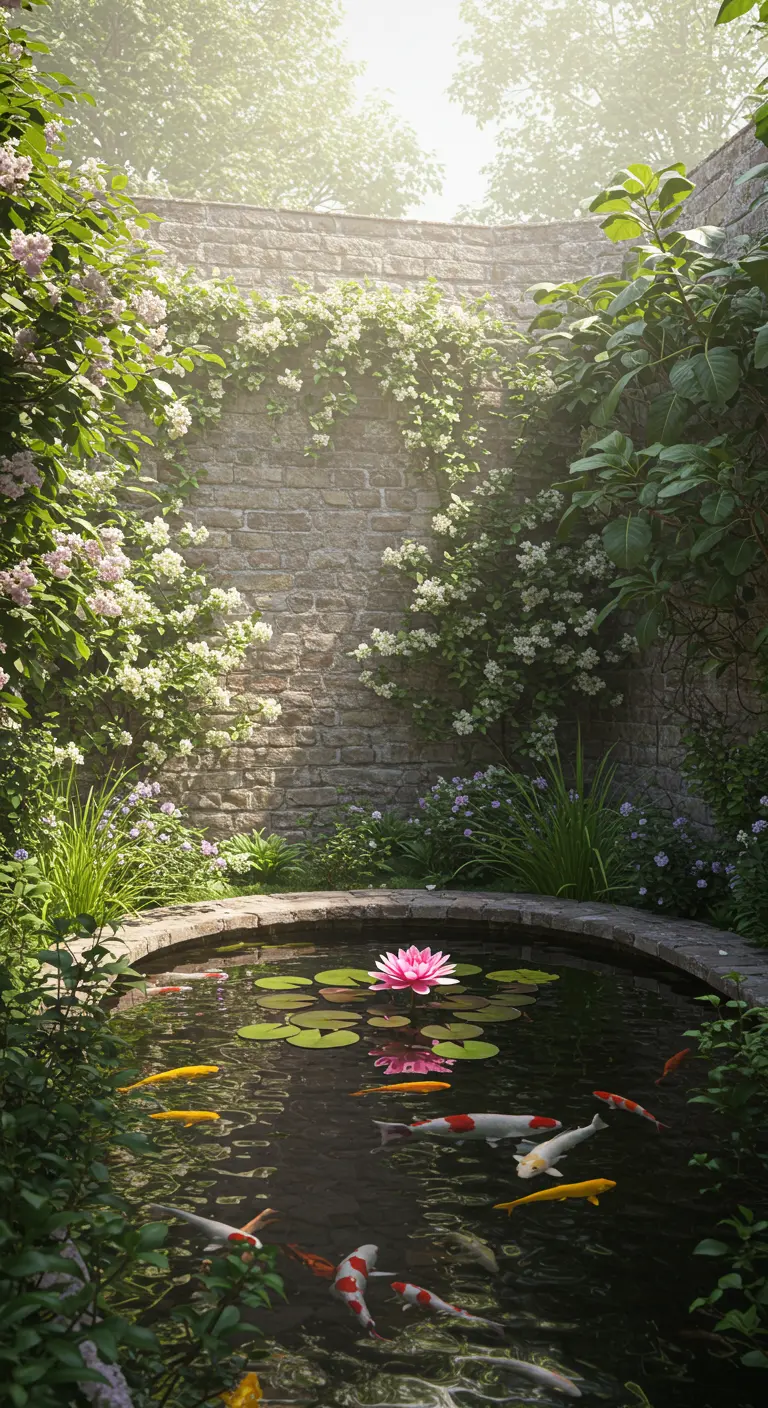 Pequeño estanque circular de ladrillo con nenúfares y peces koi en un patio con flores.