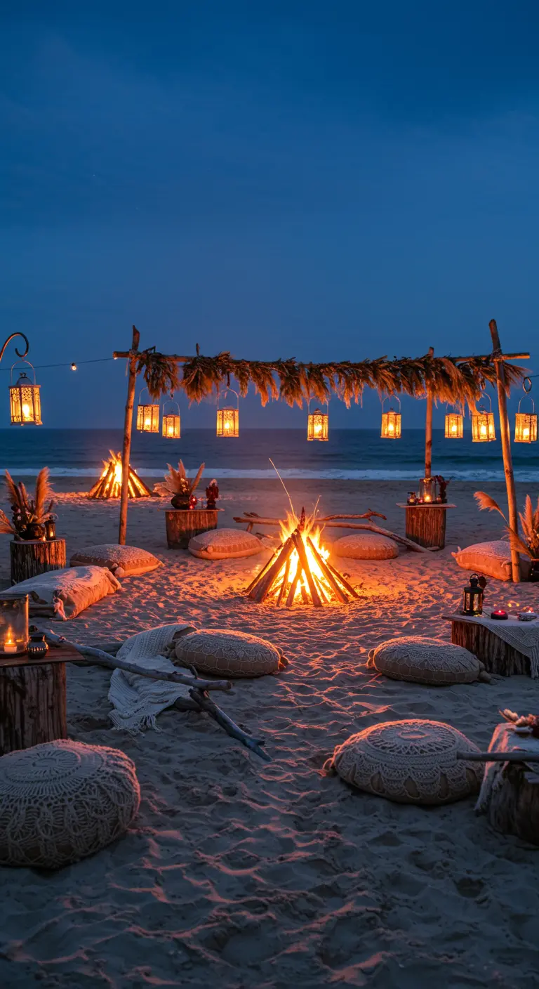 Hoguera en la playa al anochecer con cojines de macramé y faroles colgando de una estructura de madera.