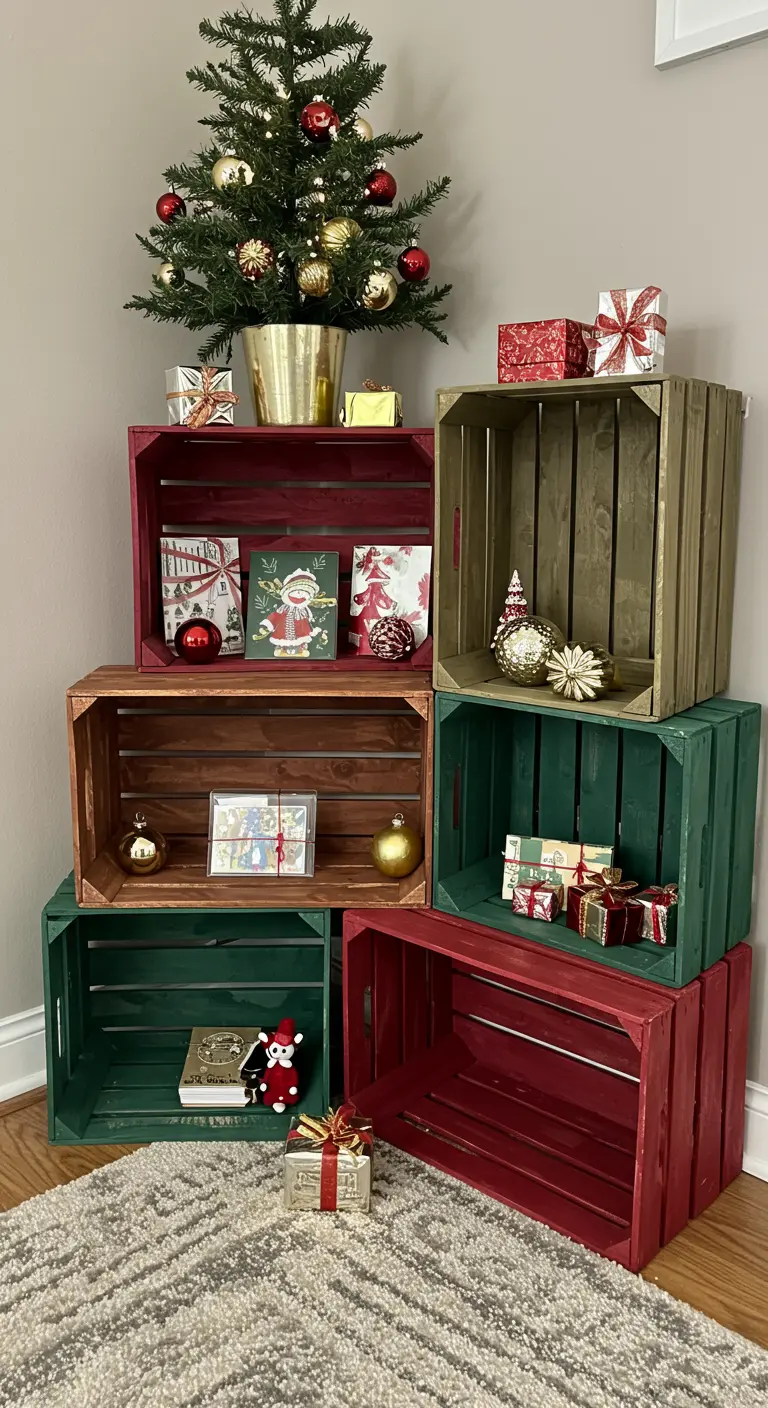 Pirámide de cajas de madera pintadas de rojo y verde para exhibir decoración navideña.