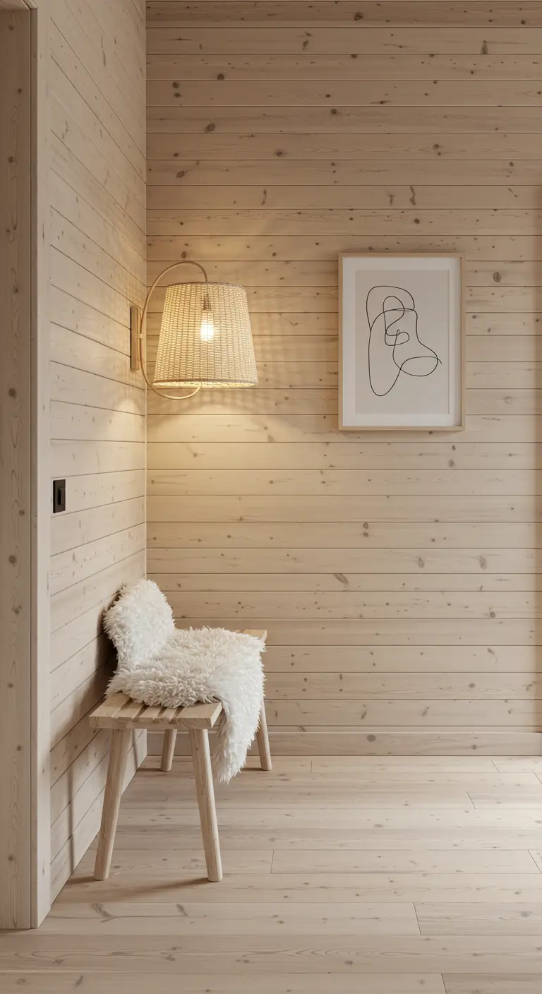 Esquina de una entrada con paredes de madera clara, banco pequeño y aplique de mimbre en la pared