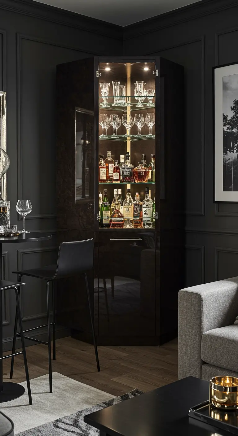 Mueble bar esquinero negro y brillante con iluminación interior en una sala de estar elegante.