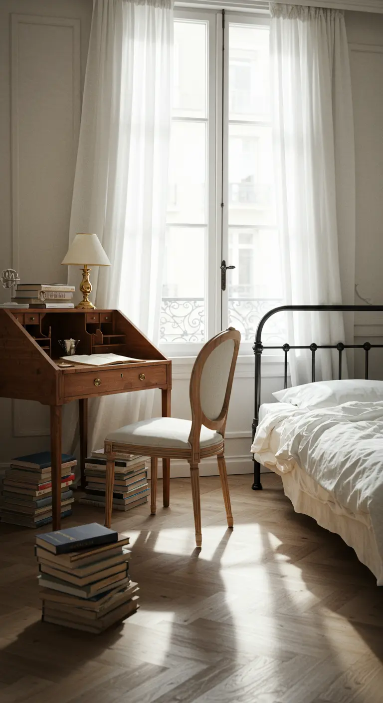 Rincón de escritura en un dormitorio parisino con un escritorio antiguo de madera y una silla clásica