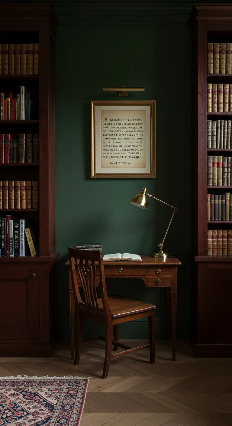 Estudio con paredes verdes oscuras, estanterías de libros y un cuadro de texto iluminado sobre el escritorio.