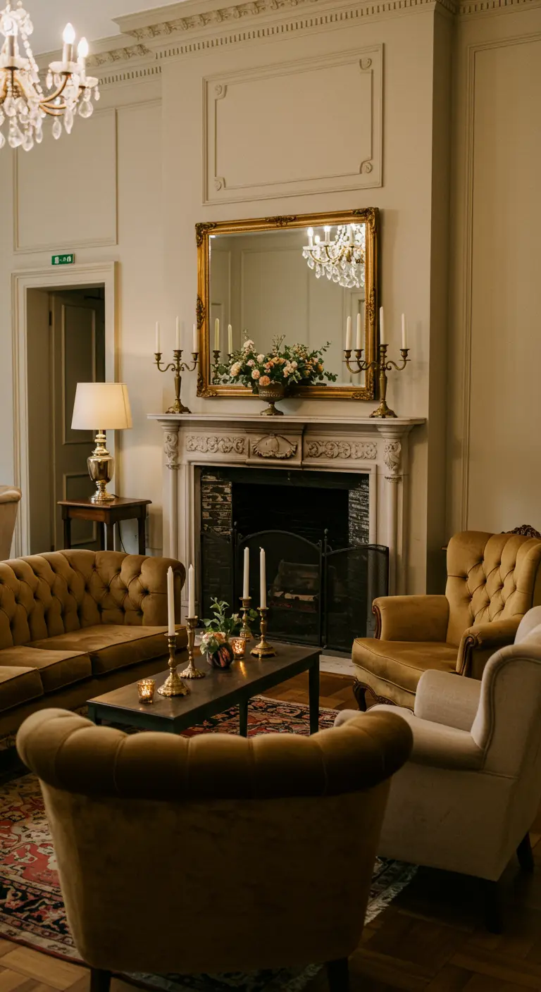 Zona de descanso en una boda con sofás de cuero, una chimenea y candelabros bajos.