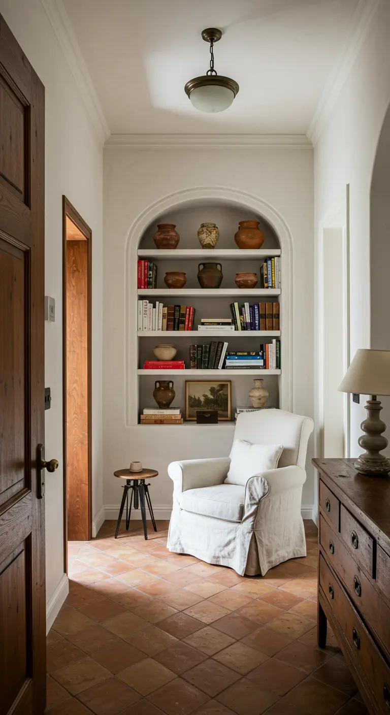 Hornacina en arco con estanterías llenas de libros y una butaca blanca en un pasillo.
